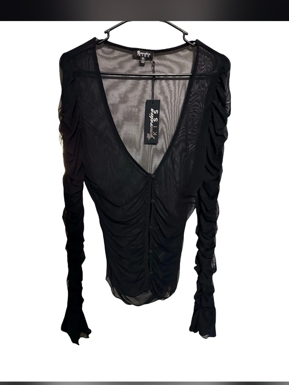 Dolls Kill generation kiss  Black Sheer Ruched V-Neck Long Sleeve Top